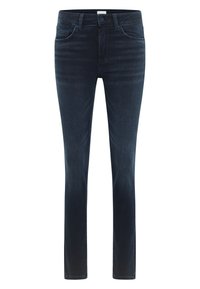 Sötétkék farmernadrág, slim fit szabással, közepes magasságú derékkal, öt zsebbel és finom elhalványulással a lábak mentén. Cipzáros és gombos záródással rendelkezik.