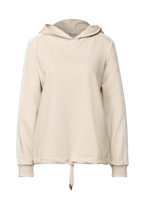 Beżowa bluza z kapturem, z długimi rękawami, białymi paskami po bokach, regulowanym ściągaczem na dole i miękką fakturą. Prosty, casualowy design.