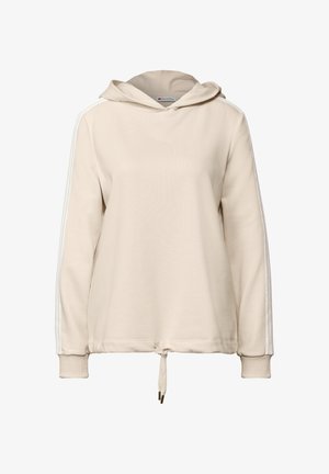 Beige Kapuzenpullover mit langen Ärmeln, weißen Seitestreifen, verstellbarem Kordelzugsaum und weichem Material. Schlichtes, lässiges Design.