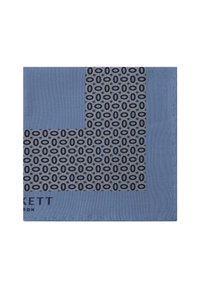Tessuto quadrato blu con un motivo geometrico di ovali neri, con un design distintivo nell'angolo. Include un'etichetta del marchio nell'angolo.