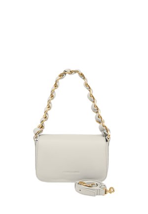 Light grey leather handbag with a structured shape. Features a gold chain strap and a detachable leather shoulder strap. Smooth texture.