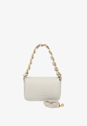 Light grey leather handbag with a structured shape. Features a gold chain strap and a detachable leather shoulder strap. Smooth texture.