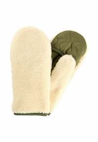 Cremfarbene Fleece-Handschuhe mit einem olivgrünen, gesteppten Außenmaterial und elastischem Bündchen. Verfügt über eine weiche Textur und runde Form.
