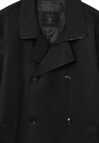 Black double-breasted coat with a high collar, featuring glossy buttons and a smooth, textured fabric. Zippered interior pocket is included.