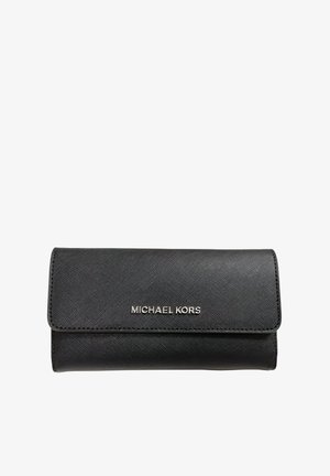 Black leather wallet with a textured finish, featuring a flap closure and silver "MICHAEL KORS" branding at the front.