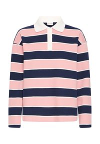 Rózsaszín és sötétkék csíkos, hosszúujjú pólóing fehér részletekkel, fehér gallérral és háromgombos gombolással.