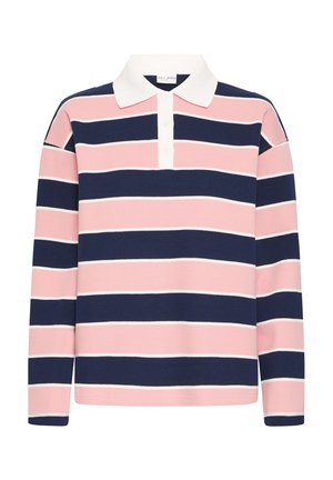 Langarm polo shirt in roze en marineblauwe strepen met witte accenten, voorzien van een witte kraag en een knoopsluiting met drie knopen.