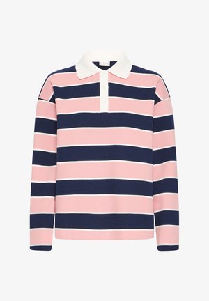 Polo a maniche lunghe a strisce rosa e blu navy con dettagli bianchi, dotato di colletto bianco e chiusura con tre bottoni.