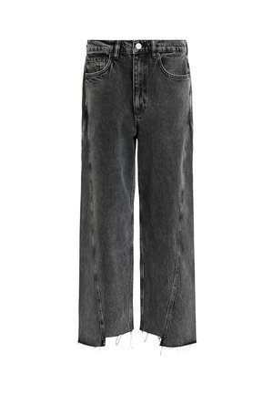 Jeans neri con un design a gamba larga, realizzati in denim. Presentano orli sfrangiati, stile a cinque tasche e chiusura con bottone frontale.