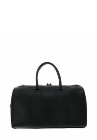 Borsa da viaggio in pelle nera con una forma arrotondata, doppi manici e pannelli verticali cuciti. Texture liscia con chiusura a zip sulla parte superiore.