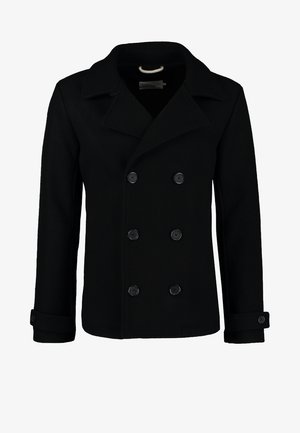 Zwarte dubbelbreasted peacoat van wol, met een notch-kraag, grote knopen en oprolbare mouwen. Glad textuur met een getailleerde pasvorm.