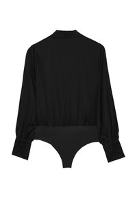Schwarzer langärmeliger Bodysuit aus glattem Stoff. Verfügt über einen kragen, knöpfbare Manschetten und einen taillierten unteren Teil.