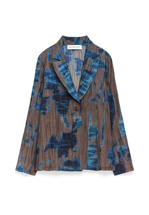 Blazer a maniche lunghe con bottoni, caratterizzato da un motivo astratto in acquerello blu e marrone e colletto a punta.