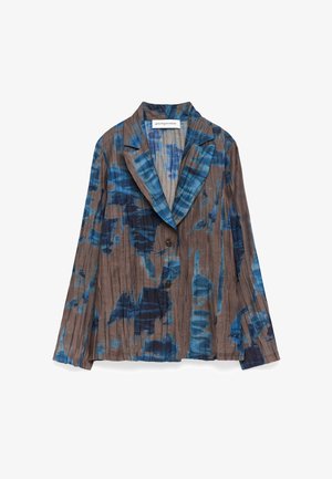 Langarm-Blazer mit Knopfleiste, in abstraktem Aquarellmuster aus Blau und Braun, und verteilt mit Reverskragen.