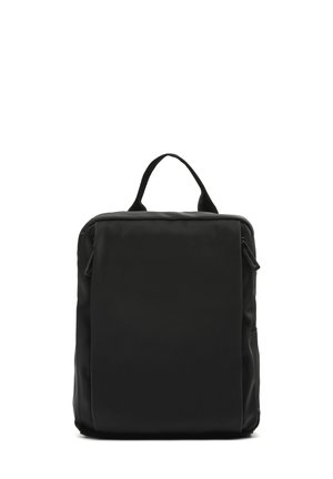 Black backpack made of smooth, durable material. Square shape with a top handle, subtle side pockets, and a minimalist design.