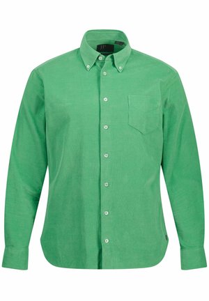 Camicia verde a maniche lunghe con bottone, realizzata in tessuto testurizzato, caratterizzata da una tasca sul petto e bottoni bianchi lungo la parte anteriore.