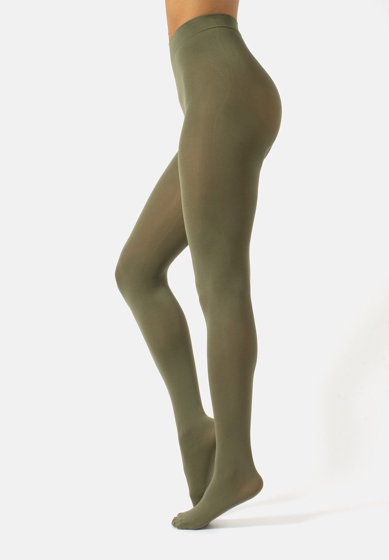 Leotard verde oliva con una textura suave y mate y una cintura alta, diseñado para ajustarse de cerca y proporcionar cobertura desde la cintura hasta el tobillo.