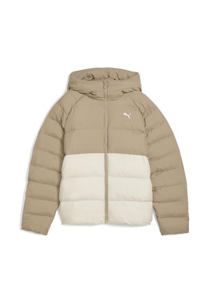 Giacca imbottita beige e bianca sporca della marca Puma, con cappuccio e zip frontale, con trapuntatura orizzontale, mostrata distesa.