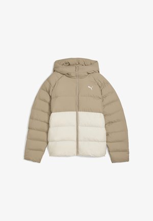 Beige och off-white pufferjacka med huva och framzipper från Puma, med horisontell quiltning, uppvisad liggande.