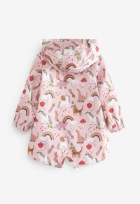 Barns regnjacka i rosa vattentätt material med lekfulla djur- och regnbågsmönster, elastiska ärmslut och huva.