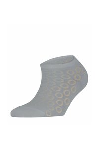 Graue Knöchelsocken aus strukturiertem Stoff mit kreisförmigen, hellgoldenen Mustern. Das Design verfügt über eine nahtlose Zehenpartie und eine enge Passform.