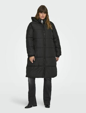 Black puffer coat with a hood, featuring a zip front, elastic cuffs, and a loose fit. Soft textured fabric with quilted design.