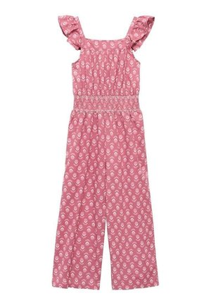Pink ærmeløs jumpsuit med hvidt blomsterprint, firkantet udskæring, flæsekantede skulderstropper og smocket talje.