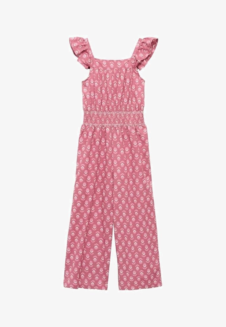 Combinaison rose sans manches à motif floral blanc, encolure carrée, bretelles volantées et taille smockée.