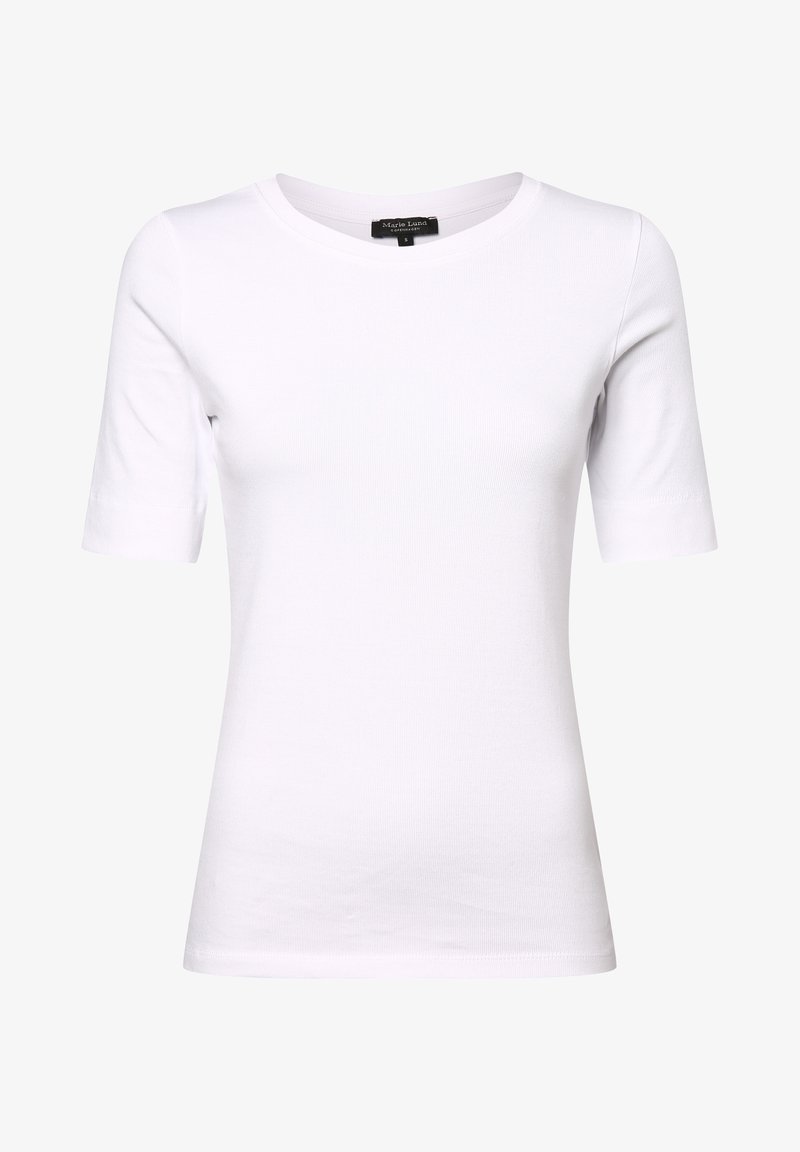 Witte katoenen T-shirt met korte mouwen, ronde halslijn, getailleerd ontwerp en een gladde textuur. Label zichtbaar aan de binnenkant van de hals.