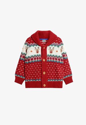 Punainen neulekortti, jossa on huopakaulus, valkoisella kuviollisella yläosalla, jossa on poroja, puiset napit ja ribbireunat.