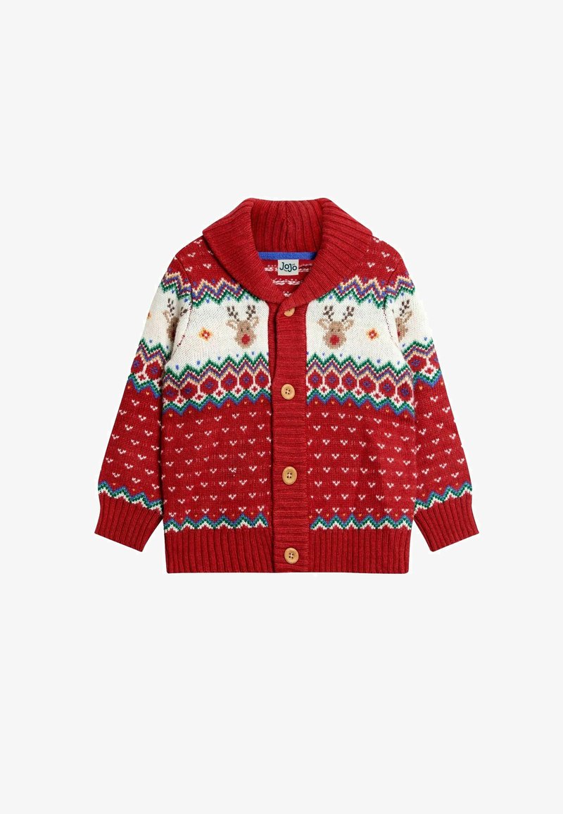 Sarkana adīta kardigāna ar šaula apkakli, kuram ir balts rakstots josta ar ziemeļbriežiem, koka pogas un ribota aproces.