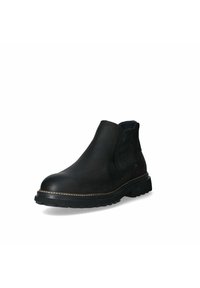 Stivale Chelsea in pelle nera con pannelli laterali elasticizzati, punta rotonda, suola testurizzata e dettagli di cucitura in contrasto lungo la suola intermedia.