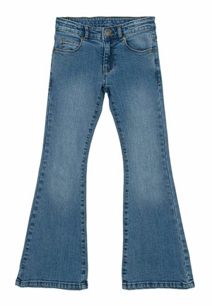 Kék farmer, harangszárú nadrág, öt zsebes kialakítással, elöl gombos zárással és látható varrással. A harangszár a térdtől a szegélyig szélesedik.