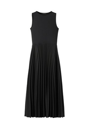 Sleeveless black dress with fitted bodice and pleated midi skirt, featuring a round neckline and a smooth texture on top.