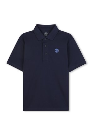 Polo shirt bleu marine en coton avec une patte de boutonnage à trois boutons et un petit logo brodé sur la poitrine gauche. Manches courtes.
