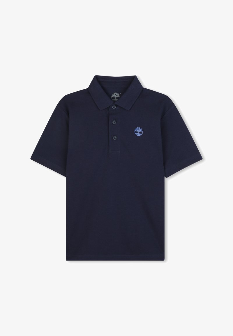 Polo shirt bleu marine en coton avec une patte de boutonnage à trois boutons et un petit logo brodé sur la poitrine gauche. Manches courtes.