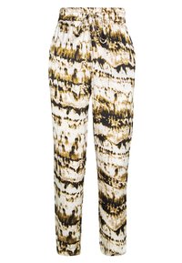 Pantaloni con coulisse in un tessuto leggero. Presentano una fantasia tie-dye in crema, oro e nero, con gambe affusolate e una vita elasticizzata.