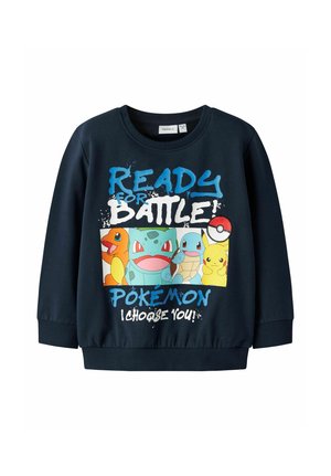 Sweat-shirt bleu marine avec le texte « Prêt pour le combat ! Pokémon, je te choisis ! » et des images de Salamèche, Bulbizarre, Carapuce, Pikachu et une Poké Ball.