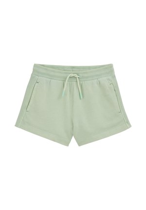 Pantaloni scurți casual de culoare verde deschis cu talie elastică, șnur de ajustare, buzunare laterale și tivuri reiate pe picioare și talie.