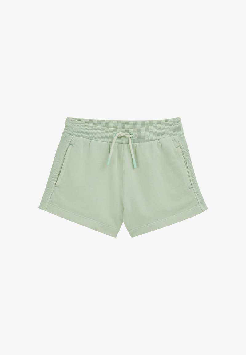 Lysegrønne casual shorts med elastik i taljen, snøre, sidelommer og ribkant på benene og i taljen.