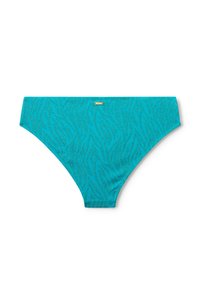 Slip bikini turchese con un sottile motivo a onde e dettagli metallici. Realizzato in tessuto morbido, presenta un design a vita media e una cintura elastica.