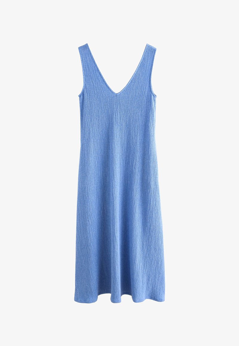 Robe midi sans manches bleu clair en tissu texturé avec un col en V, présentée sur un fond blanc.