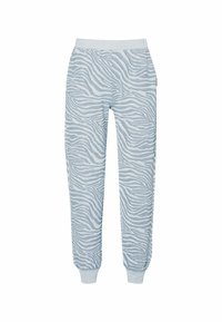 Ljust blå och vit zebra-mönstrad joggerbyxor med elastiskt midjeband och manschetter.