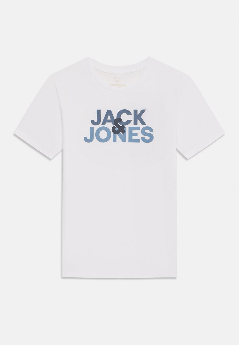Camiseta de algodón blanca con un estampado gráfico azul del texto "JACK & JONES" en el pecho en una fuente moderna y en negrita. Mangas cortas.