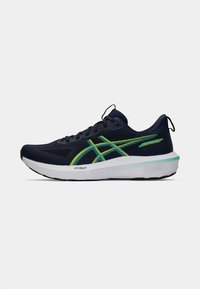 Navy running shoe with a breathable mesh upper, features green accents, a cushioned white midsole, and a flexible black outsole.
