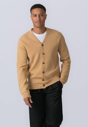 Mand iført en beige cardigan med knapper over en hvid skjorte og sorte bukser, stående med den ene hånd i lommen foran en ensfarvet baggrund.