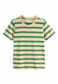 Beežist puuvillast T-särk tumeroheliste ja burgundia horisontaalsete triipudega. Omadused: ümmargune kaelus ja lühikesed varrukad.