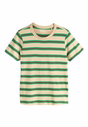 Bavlněné tričko v béžové barvě s vodorovnými pruhy tmavě zelené a vínové barvy. Má kulatý výstřih a krátké rukávy.