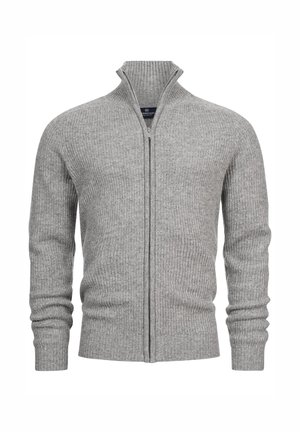 Cárdigan gris de canalé con cremallera, que presenta un alto cuello, mangas ajustadas y un patrón de punto texturizado. Tejido anti-pilling para mayor durabilidad.