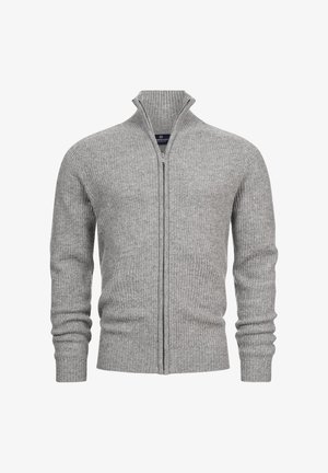 Cárdigan gris de canalé con cremallera, que presenta un alto cuello, mangas ajustadas y un patrón de punto texturizado. Tejido anti-pilling para mayor durabilidad.
